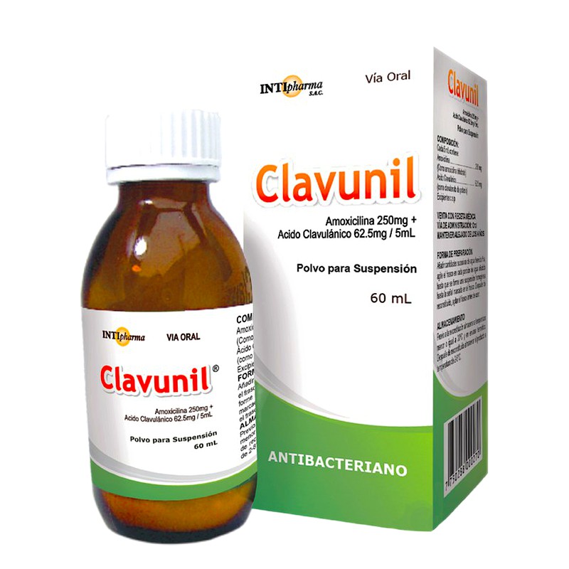 CLAVUNIL 250mg + 62.5mg/5ml Polvo Para Suspensión Oral x 60ml Lab. INTIPHARMA (INTI)