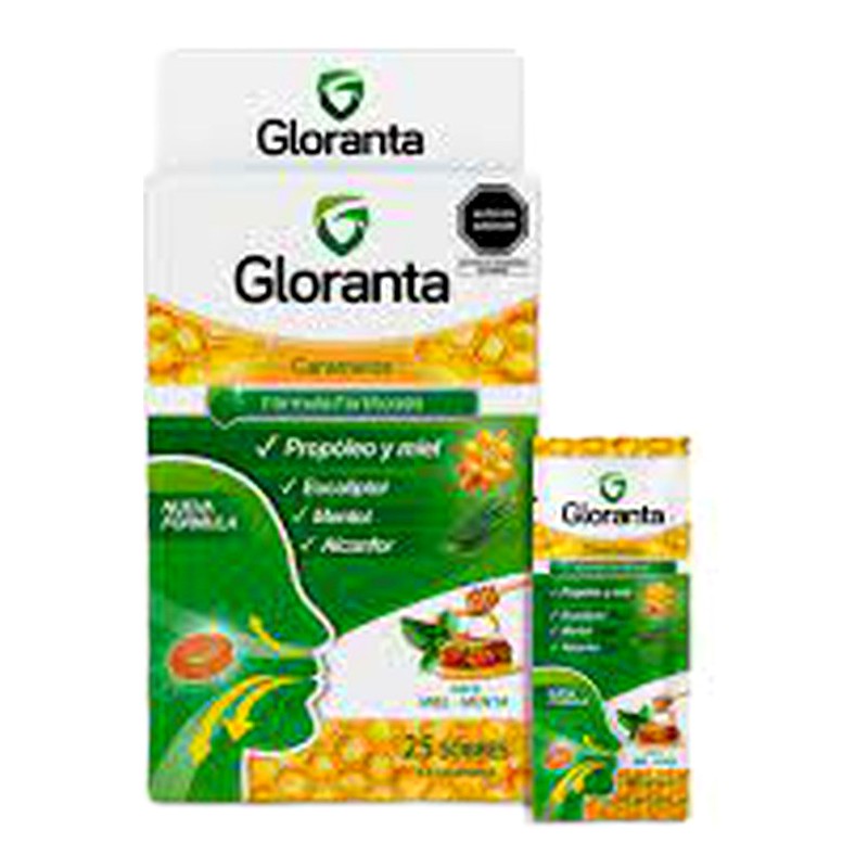 CARAMELOS GLORANTA MIEL - MENTA  x 25 SOBRES Lab. UNIMED DEL PERU S.A. (UNIM)